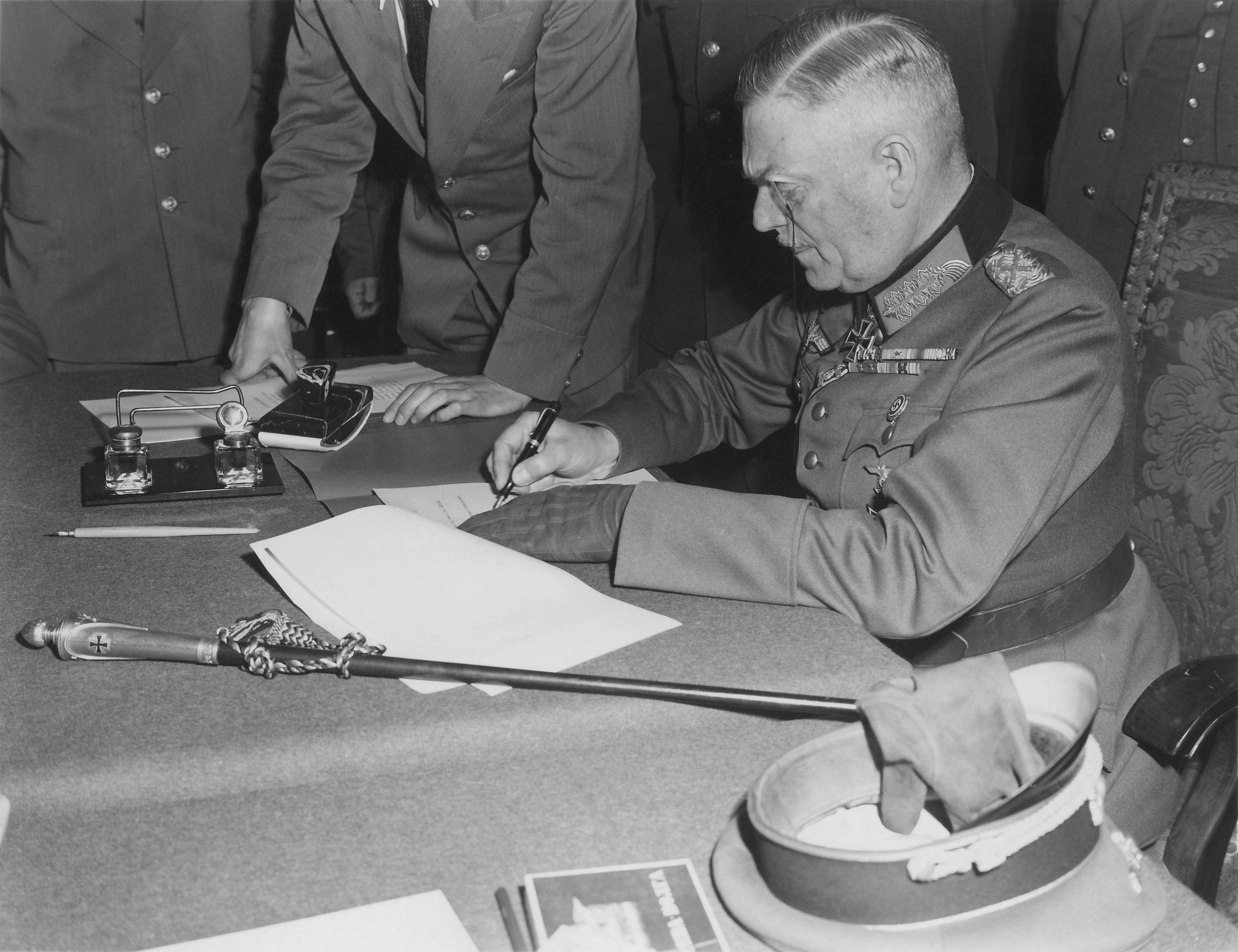 Marshall Keitel signs German surrender terms in Berlin, 8 May 1945