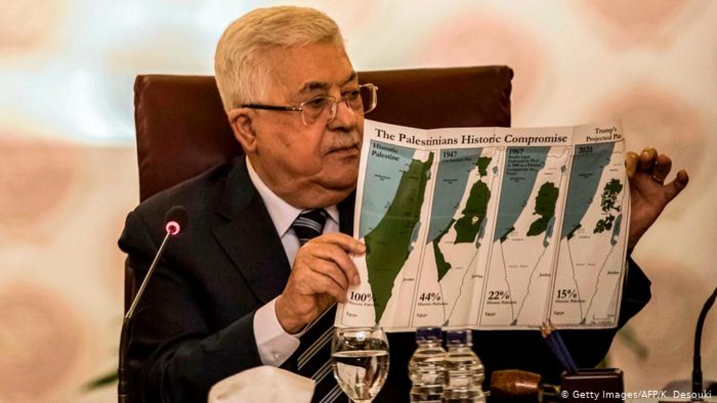 Mahmoud Abbas with a map of the occupation of Palestine